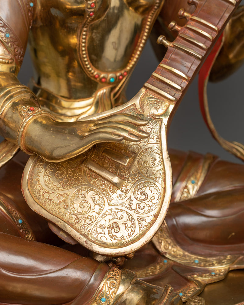 Saraswati Sculpture | 24K Gold Gilded Grandeur of Knowledge and Arts