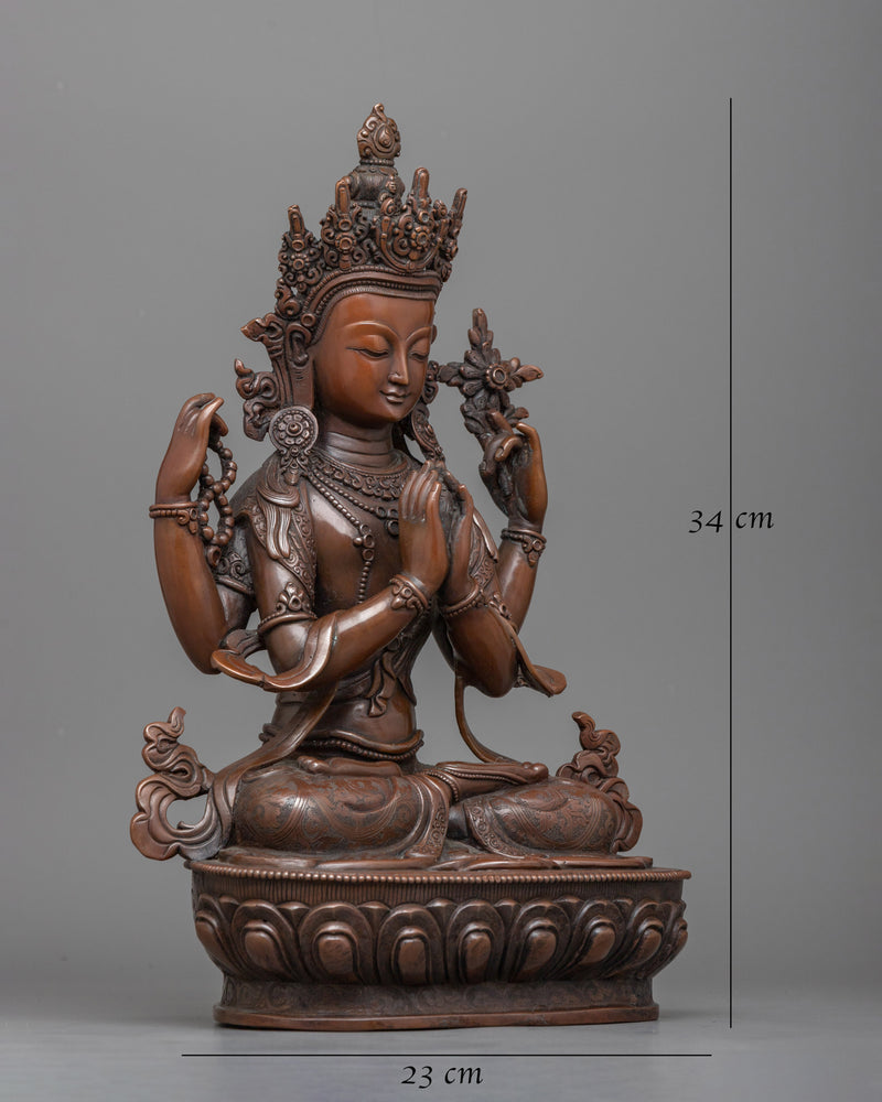 Chenrezig Four-Armed Avalokiteshvara Statue | Embrace Divine Compassion in Oxidized Copper