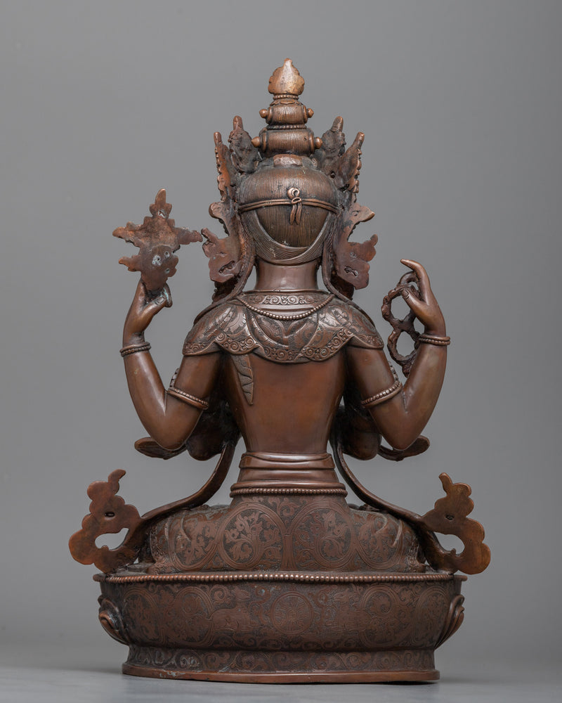 Chenrezig Four-Armed Avalokiteshvara Statue | Embrace Divine Compassion in Oxidized Copper