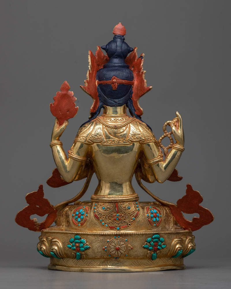 Divine 4-Arm Chenrezig Gold Gilded Statue | Embodiment of Compassion