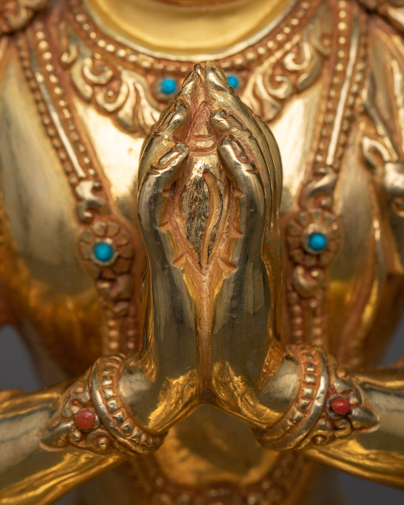 Divine 4-Arm Chenrezig Gold Gilded Statue | Embodiment of Compassion