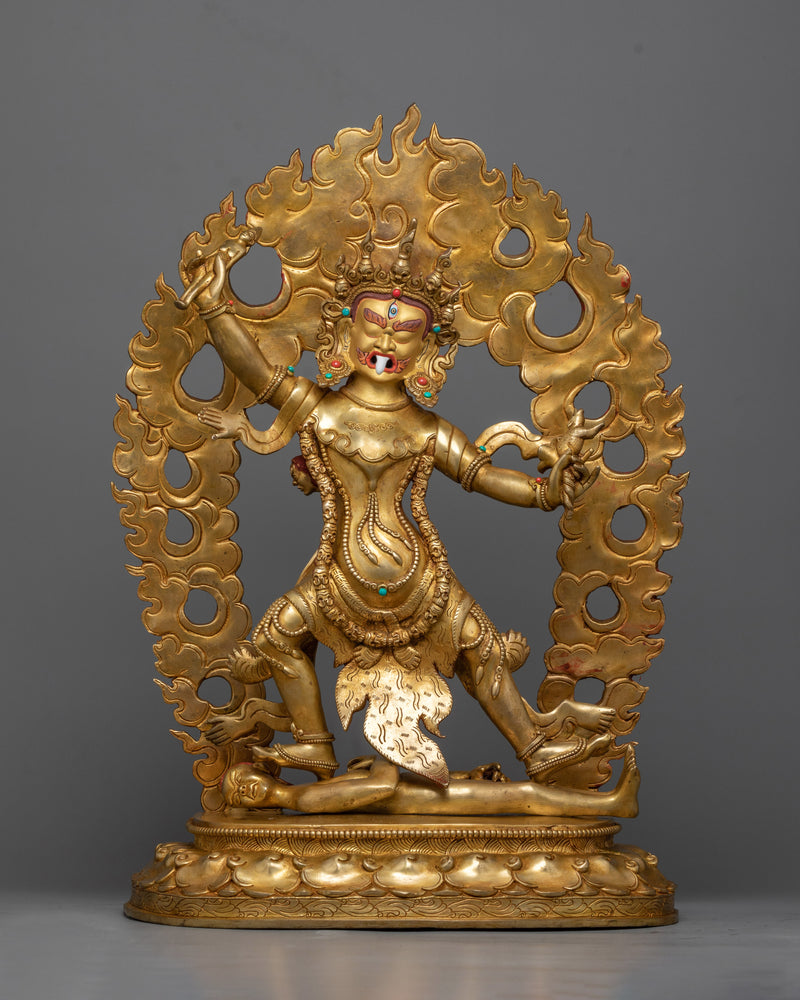 Divine Protectors of Dharma: Ekajati, Rahula, and Dorje Legpa Statue Set | Exquisitely Gold Gilded