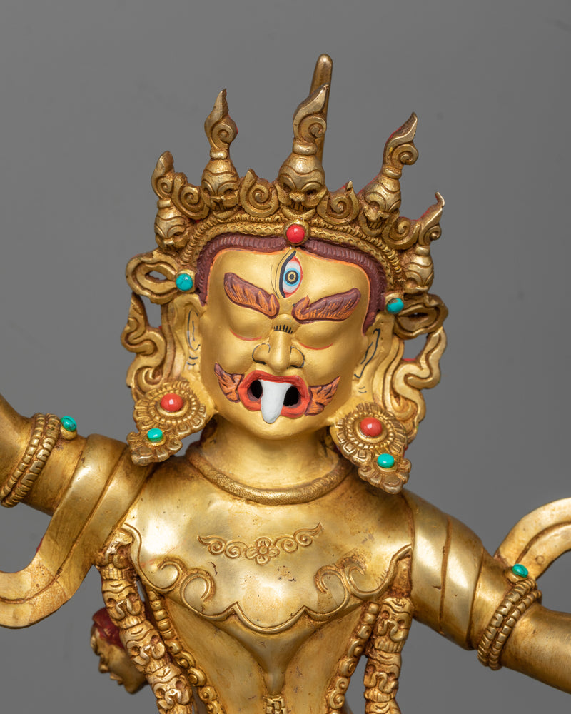 Divine Protectors of Dharma: Ekajati, Rahula, and Dorje Legpa Statue Set | Exquisitely Gold Gilded