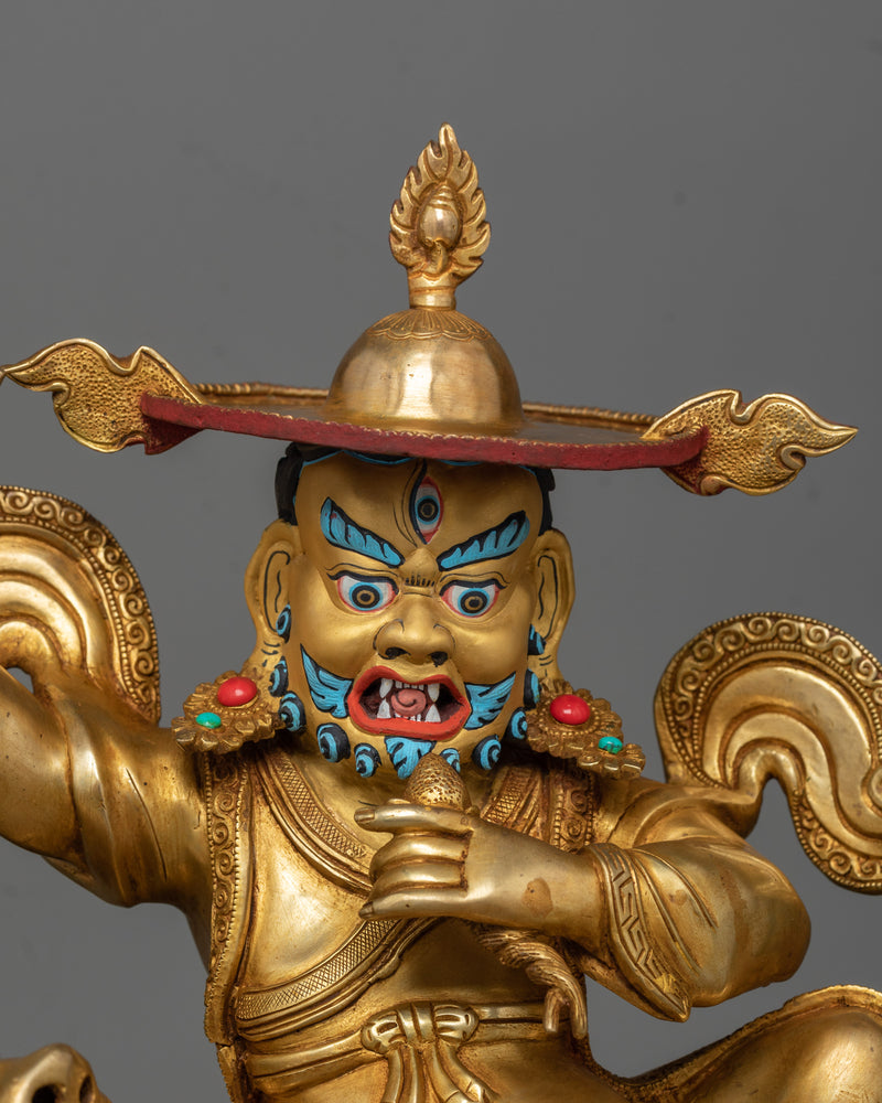 Divine Protectors of Dharma: Ekajati, Rahula, and Dorje Legpa Statue Set | Exquisitely Gold Gilded