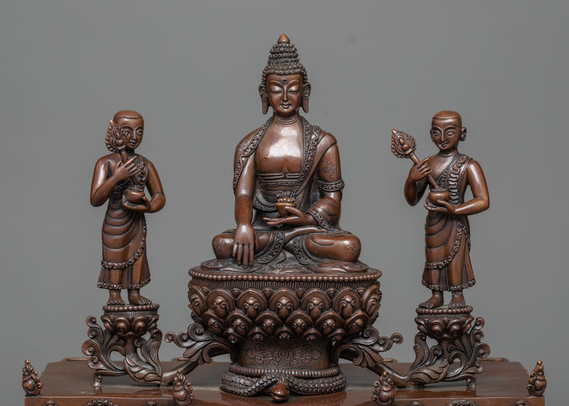 Shakyamuni Buddha with Attendant Disciples | Oxidized Copper Masterwork