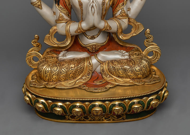 4-Armed Chenrezig Bodhisattva Sculpture | Compassion in 24K Gold Gilded Art