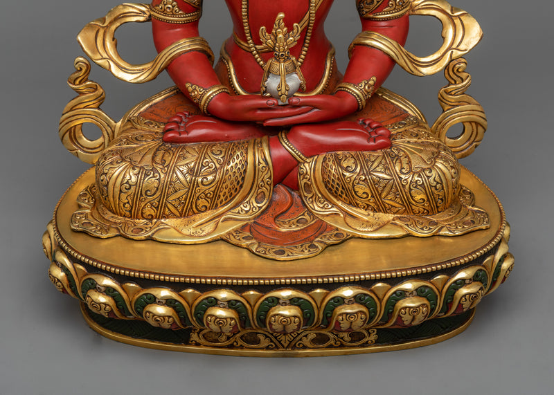 Immortal Radiance Amitayus Red Sculpture | 24K Gold Gilded Symbol of Longevity