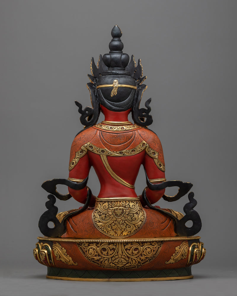 Immortal Radiance Amitayus Red Sculpture | 24K Gold Gilded Symbol of Longevity