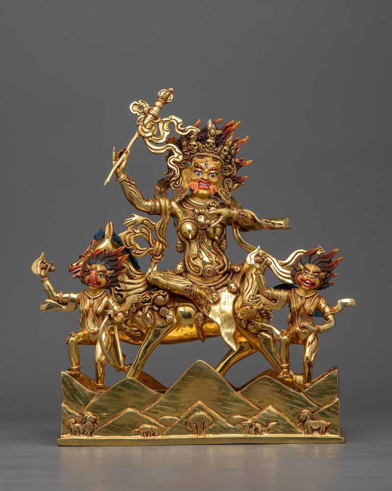 Majestic Mahakala Palden Lhamo Gold Gilded Sculpture | Protectors of Dharma