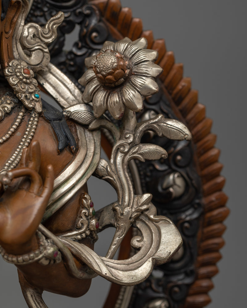 Lady Green Tara Sculpture | Silver Plated Elegance on Oxidized Copper