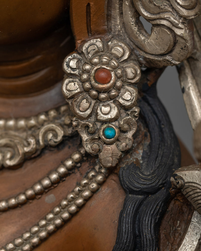 Lady Green Tara Sculpture | Silver Plated Elegance on Oxidized Copper