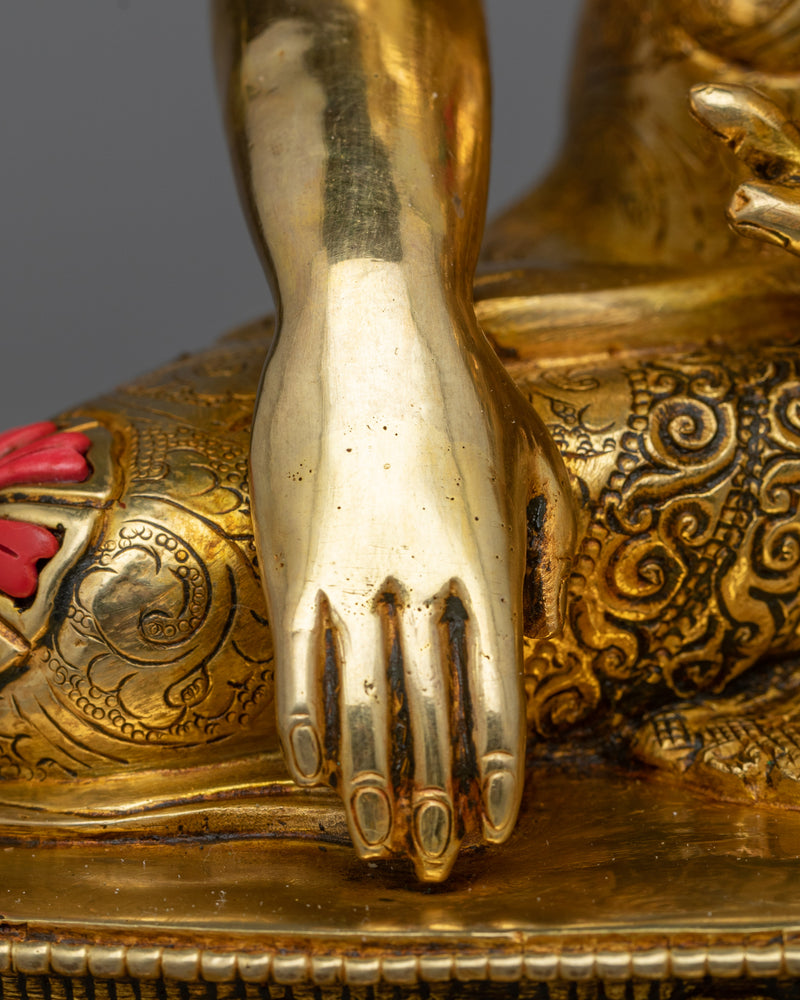 Regal Shakyamuni Buddha Golden Sculpture | Hand-carved Gemstone Detailing