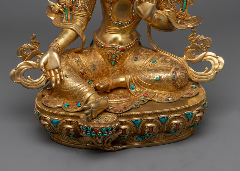 Green Tara Hand-Carved Sculpture | Divine Feminine in 24K Gold