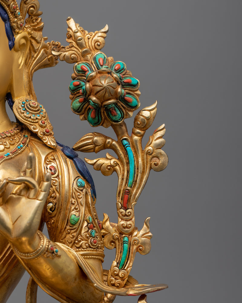 Green Tara Hand-Carved Sculpture | Divine Feminine in 24K Gold