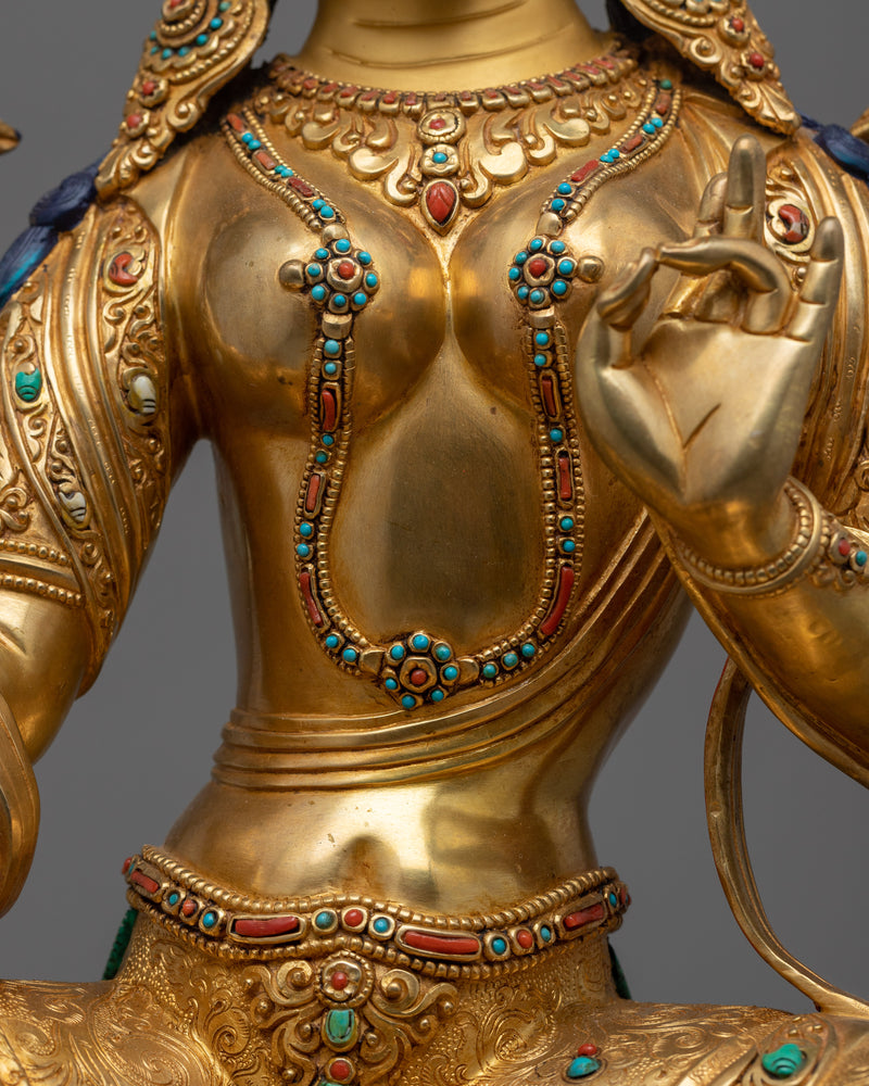 Green Tara Hand-Carved Sculpture | Divine Feminine in 24K Gold