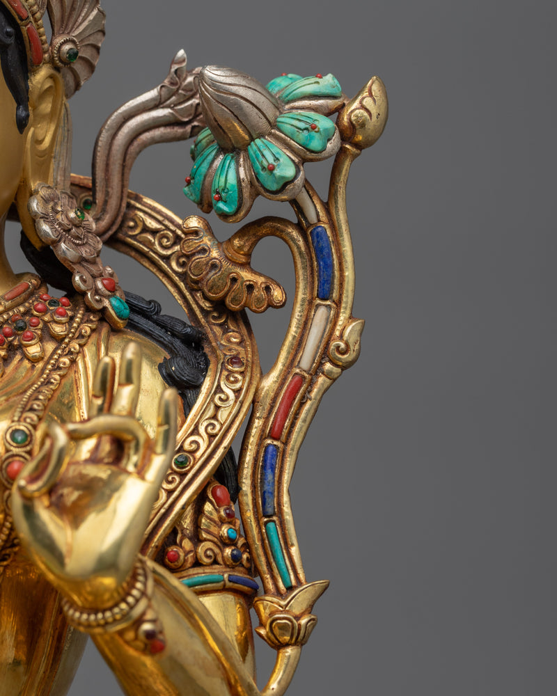 Green Tara Gold Gilded Figure | Experience Divine Compassion and Wisdom