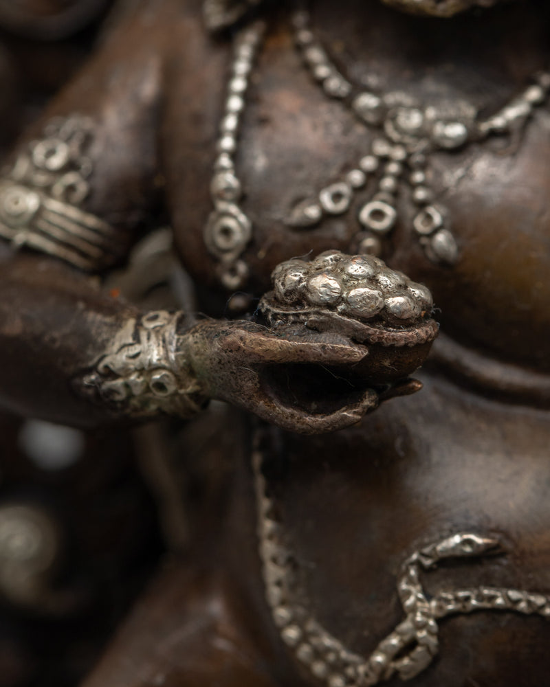 Machine-Made Black Dzambhala Statue | Silver-Plated Oxidized Copper