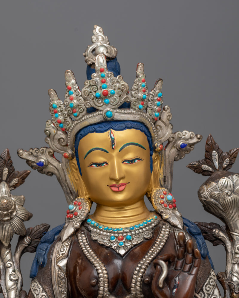 Compassionate White Tara Statue | Copper Body and Gold Face Buddhist Sculpture