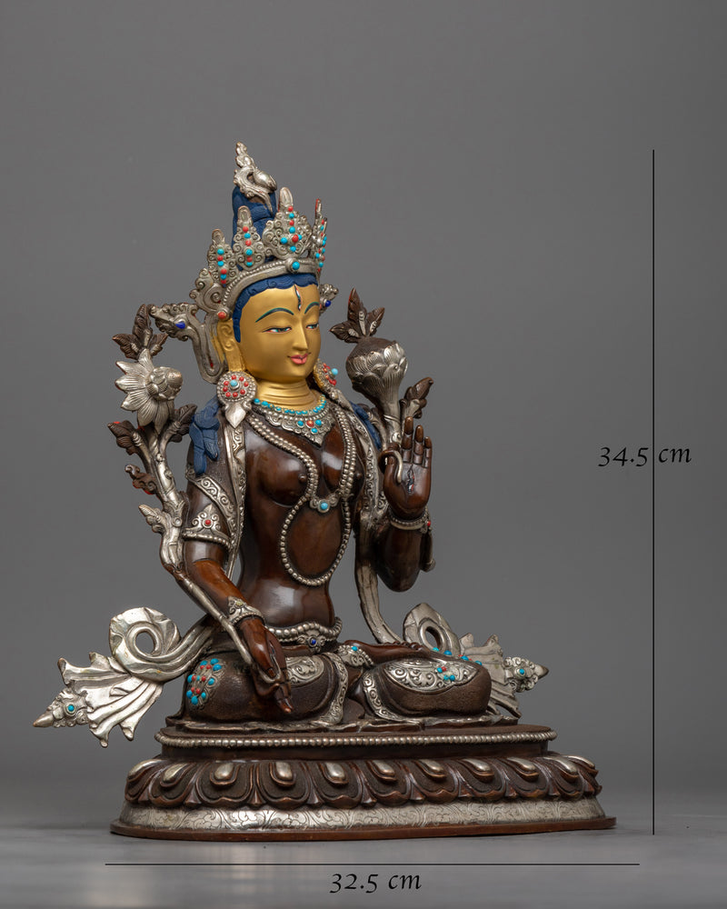 Compassionate White Tara Statue | Copper Body and Gold Face Buddhist Sculpture