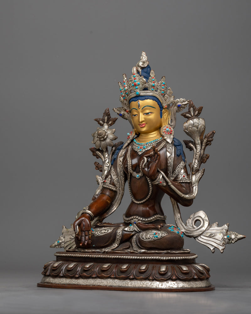 Compassionate White Tara Statue | Copper Body and Gold Face Buddhist Sculpture