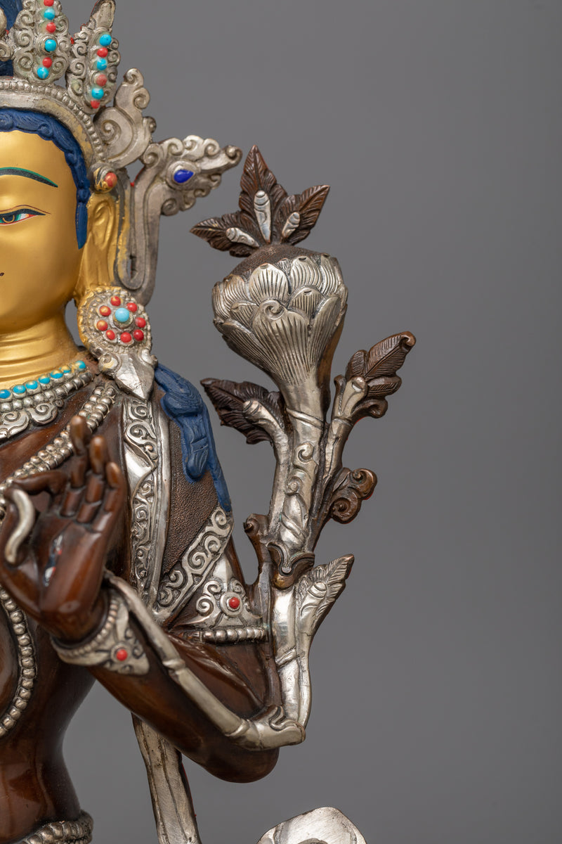 Compassionate White Tara Statue | Copper Body and Gold Face Buddhist Sculpture