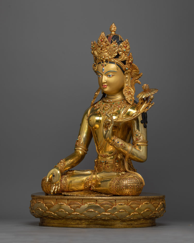 22 Inch White Tara Statue | Handmade 24k Gold Gilded Female Buddha