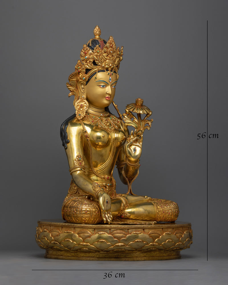 22 Inch White Tara Statue | Handmade 24k Gold Gilded Female Buddha