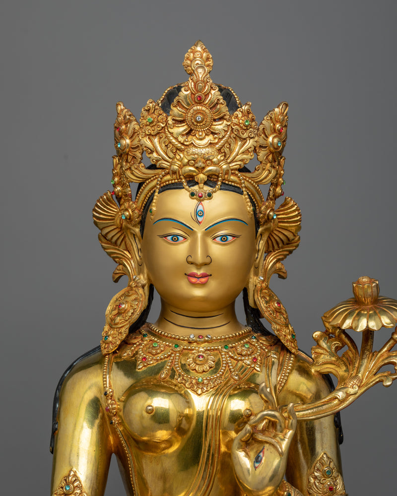 22 Inch White Tara Statue | Handmade 24k Gold Gilded Female Buddha