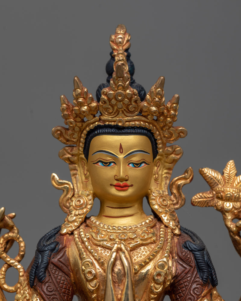 4-Armed Bodhisattva Chenrezig Statue | Gold Gilded Copper Art from Nepal