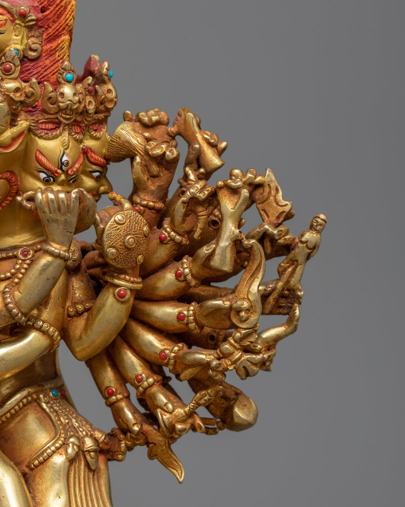 Intricate Yamantaka with Consort Figurine | Gold Gilded Copper Art from Nepal