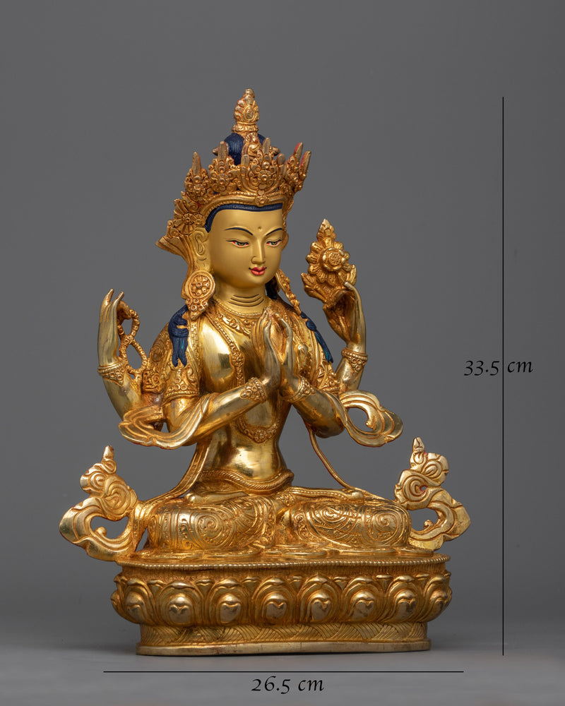 Four Arm Chenrezig Gold Statue | Bodhisattva, embodying the compassion of all Buddhas