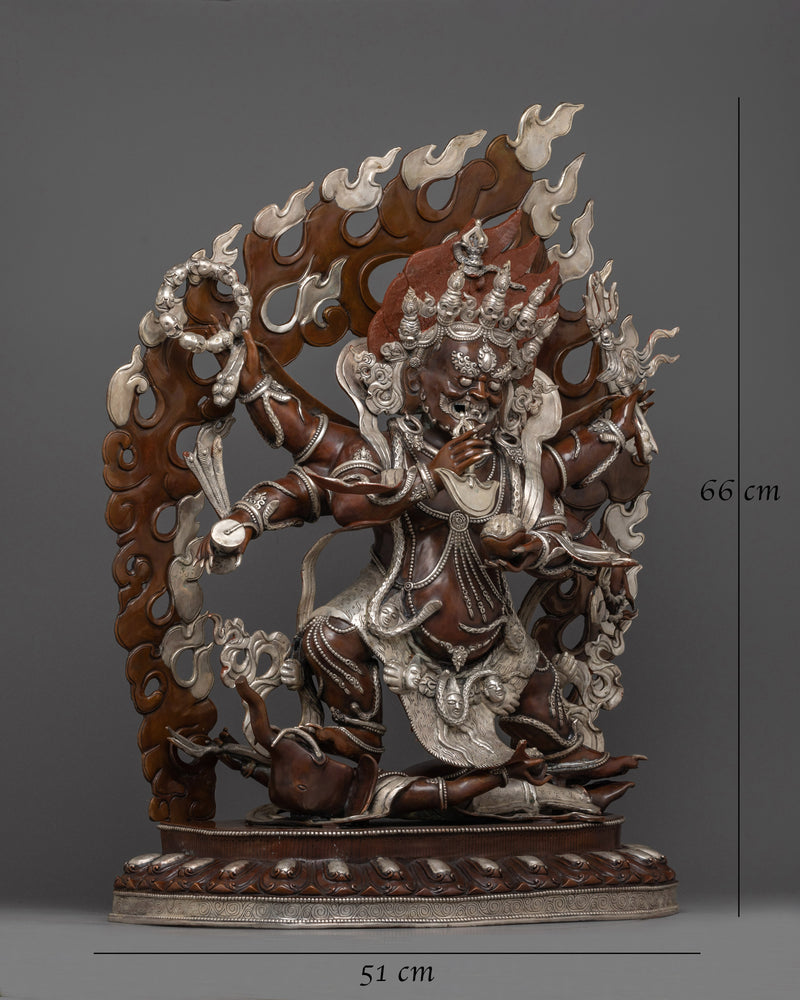 Large Six Armed Mahakala Statue | Handmade Oxidized Copper and Silver Plated Figure of Buddhist Protector