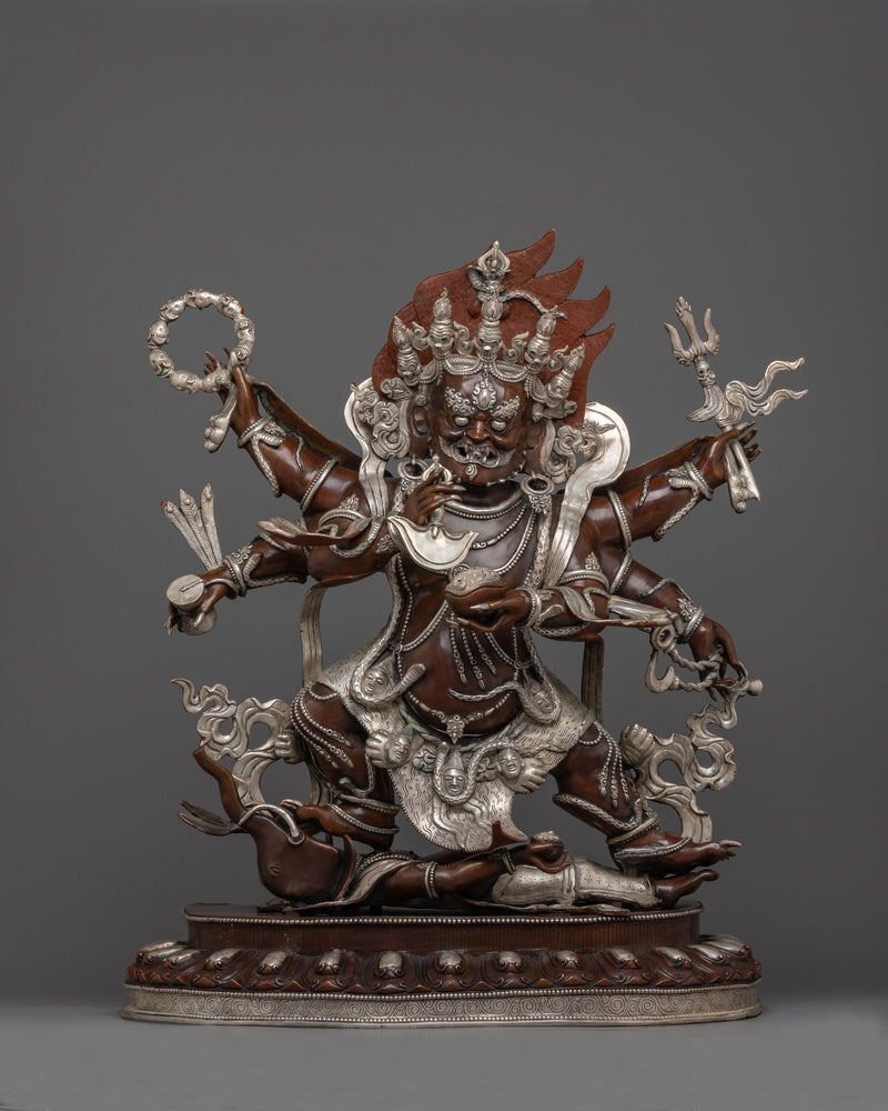 Large Six Armed Mahakala Statue | Handmade Oxidized Copper and Silver Plated Figure of Buddhist Protector