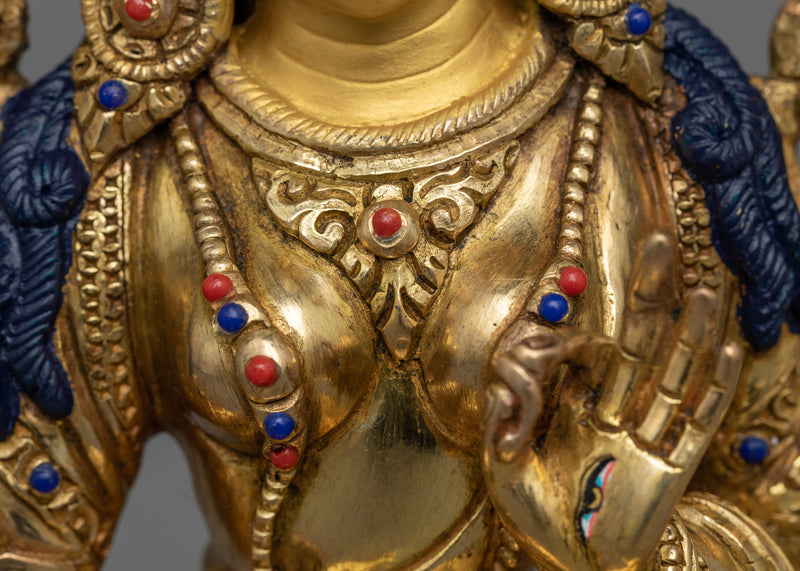 Divine Serenity: Sita White Tara Statue | Hand-Carved Gemstone, 24K Gold Gilded