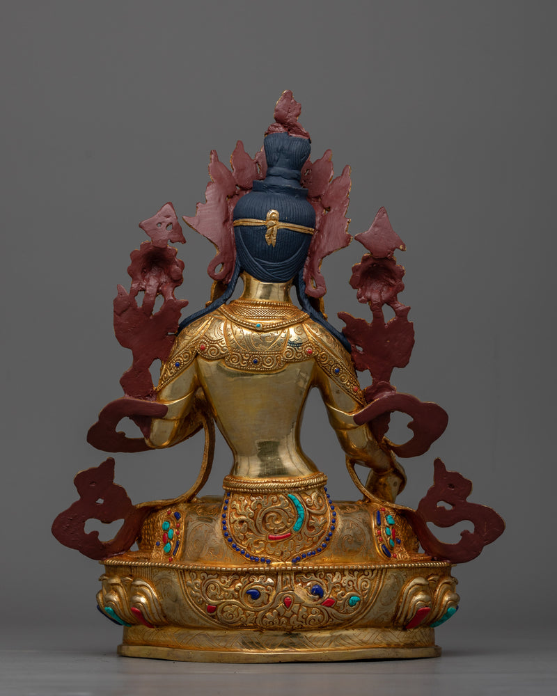 Sri White Tara Statue | Hand-Carved Gemstone, 24K Gold Gilded