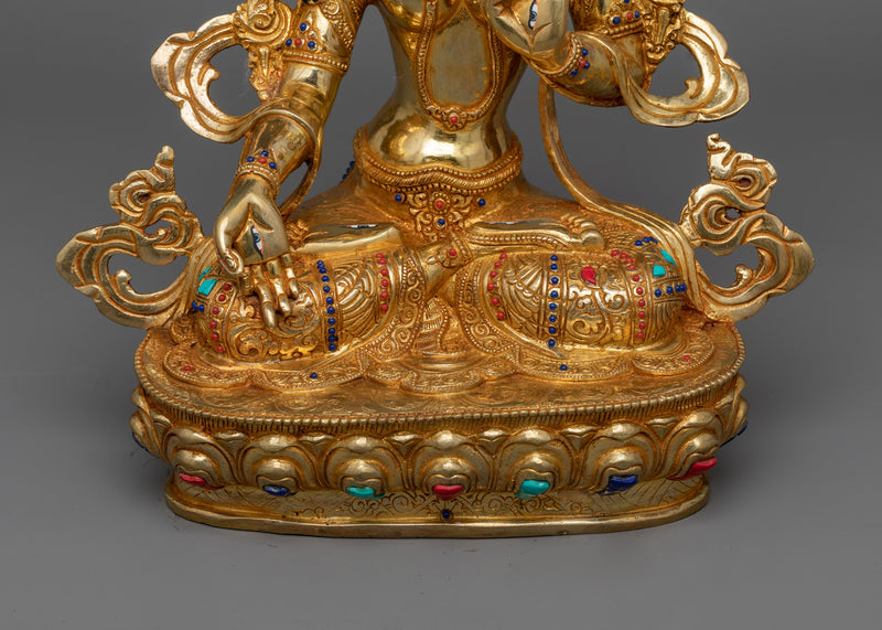 Sri White Tara Statue | Hand-Carved Gemstone, 24K Gold Gilded