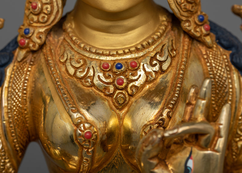 Sri White Tara Statue | Hand-Carved Gemstone, 24K Gold Gilded