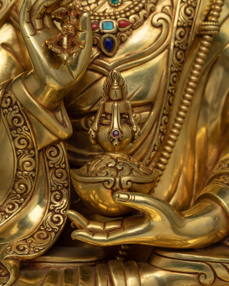 Gold Gilded Guru Rinpoche Statue | Hand-Carved Gemstone, 24K Gold Gilded