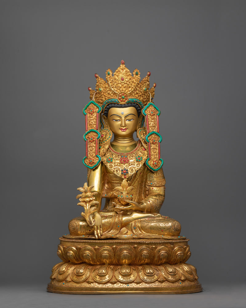 Crown Medicine Buddha with Floral Halo Statue | Traditionally Hand-crafted Idol