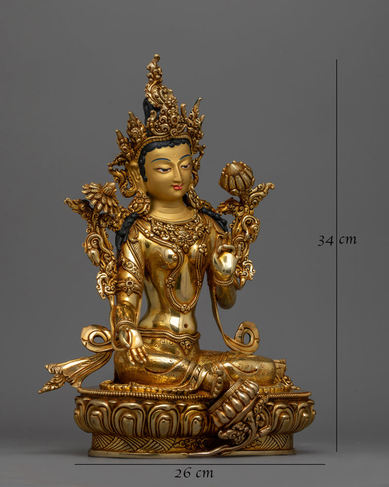 Green Tara Gold Gilded Statue | Handcrafted Emblem of Compassion