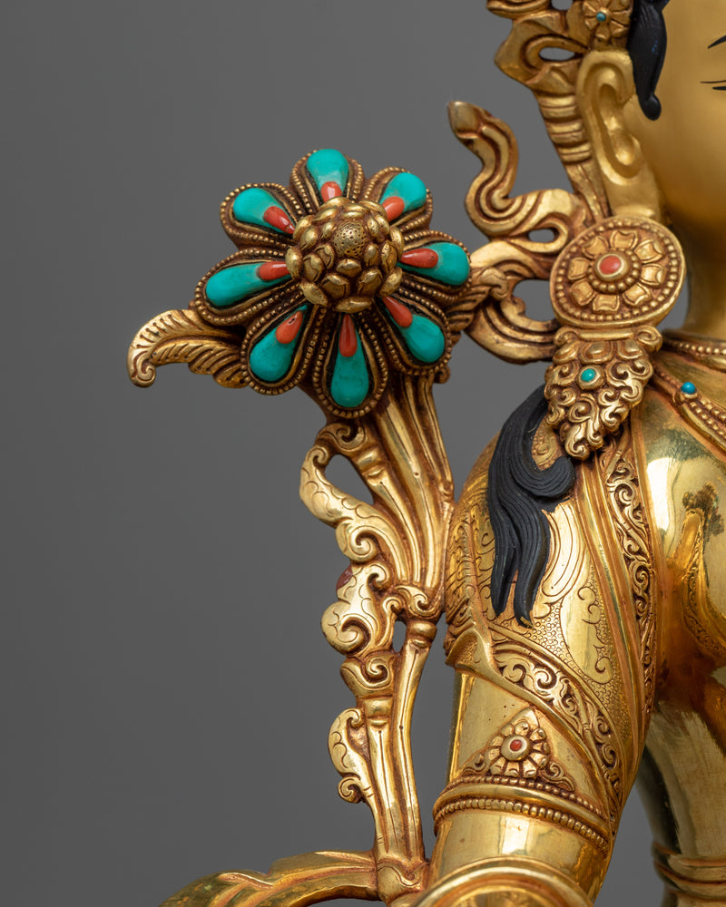 24K Gold Gilded Tibetan Art of Green Tara |  Traditionally Handmade Copper Sculpture