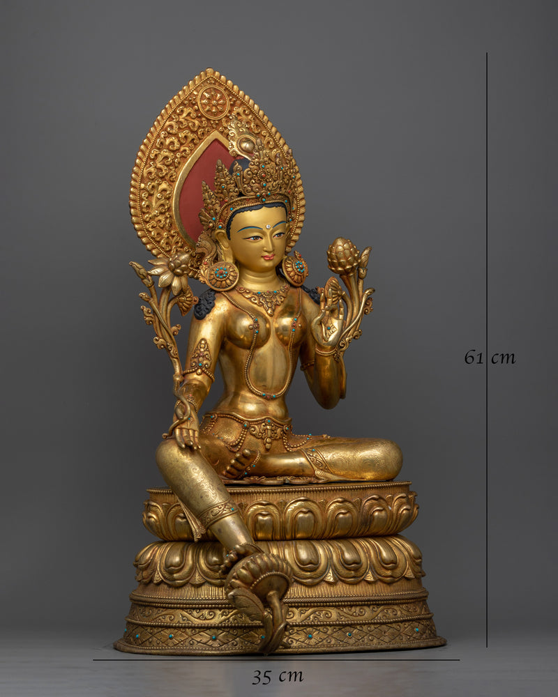 Beautifully Seated Green Tara Statue | 24K Gold-Gilded Symbol of Compassion