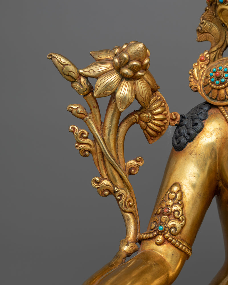 Beautifully Seated Green Tara Statue | 24K Gold-Gilded Symbol of Compassion