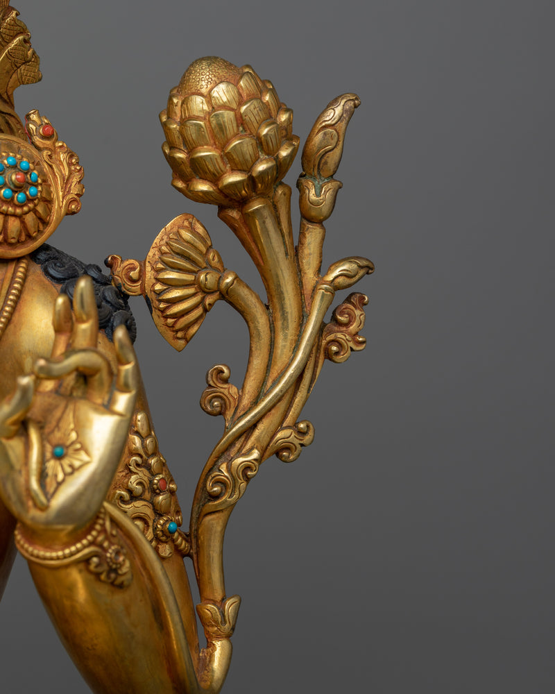 Beautifully Seated Green Tara Statue | 24K Gold-Gilded Symbol of Compassion