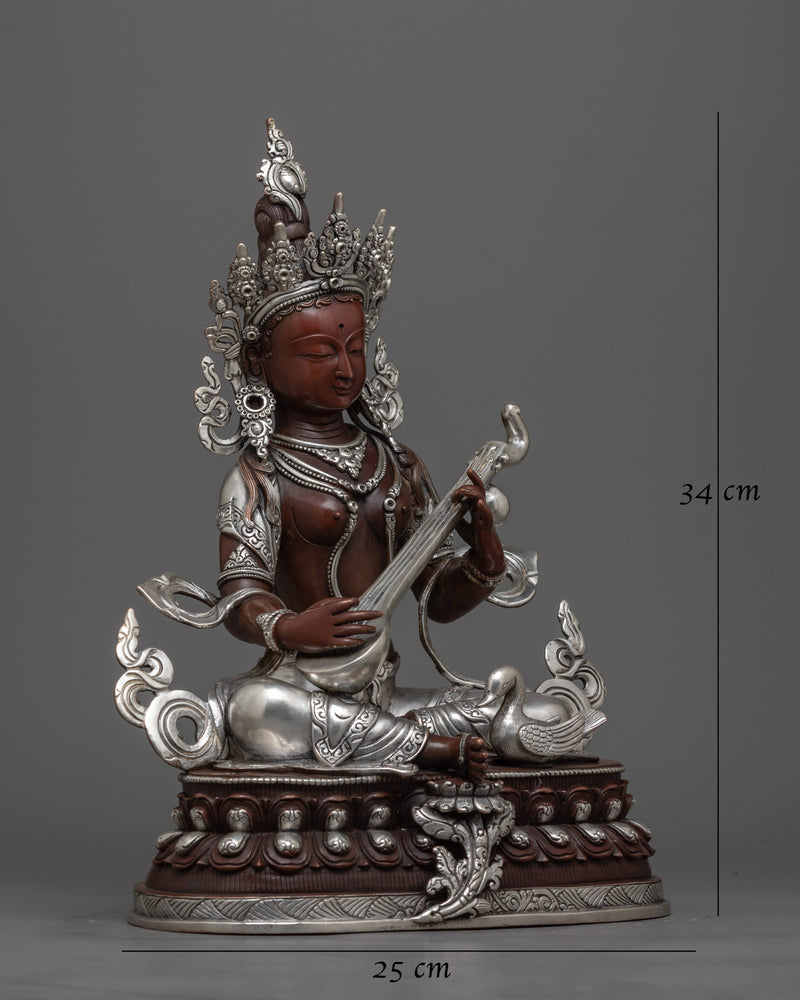 Shri Saraswati Silver-Plated Statue | Icon of Wisdom and Artistry