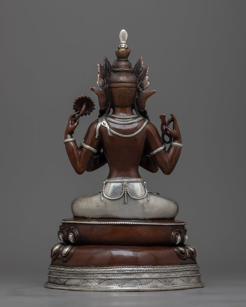 Silver-Plated Chenrezig Oxidized Statue | Emblem of Compassion and Grace