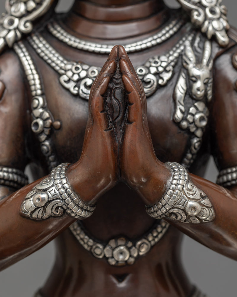 Silver-Plated Chenrezig Oxidized Statue | Emblem of Compassion and Grace