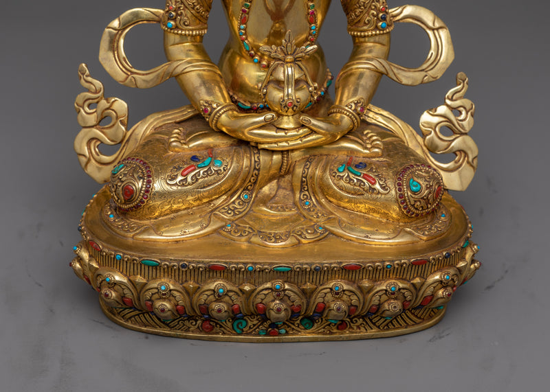 Adorned with Gemstone Amitayus Statue | Buddhist Sculpture of Longevity Deity