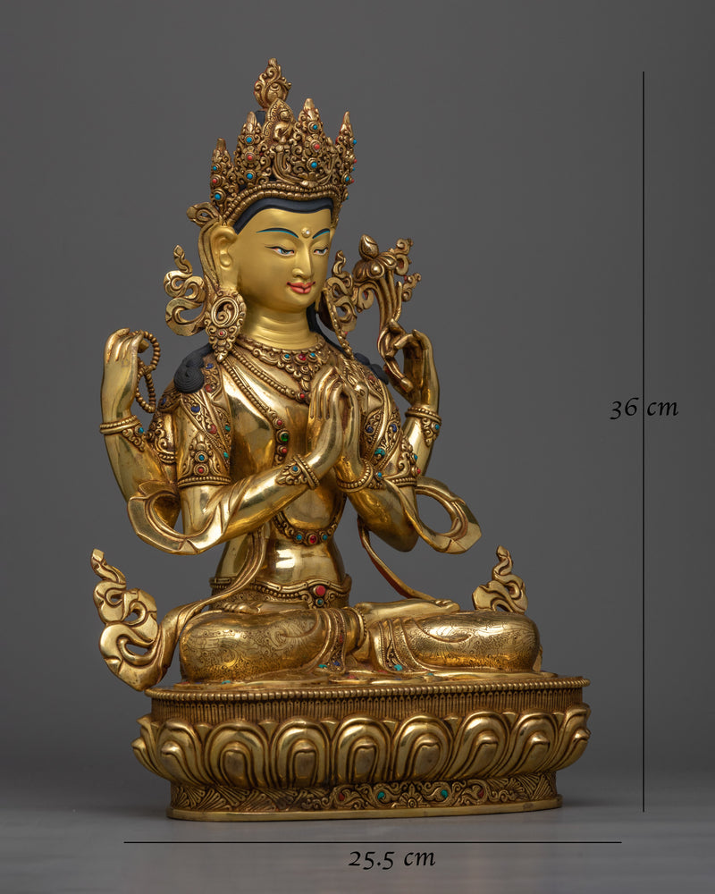 Serene Chenrezig Gold-Gilded Statue | Embodiment of Compassion