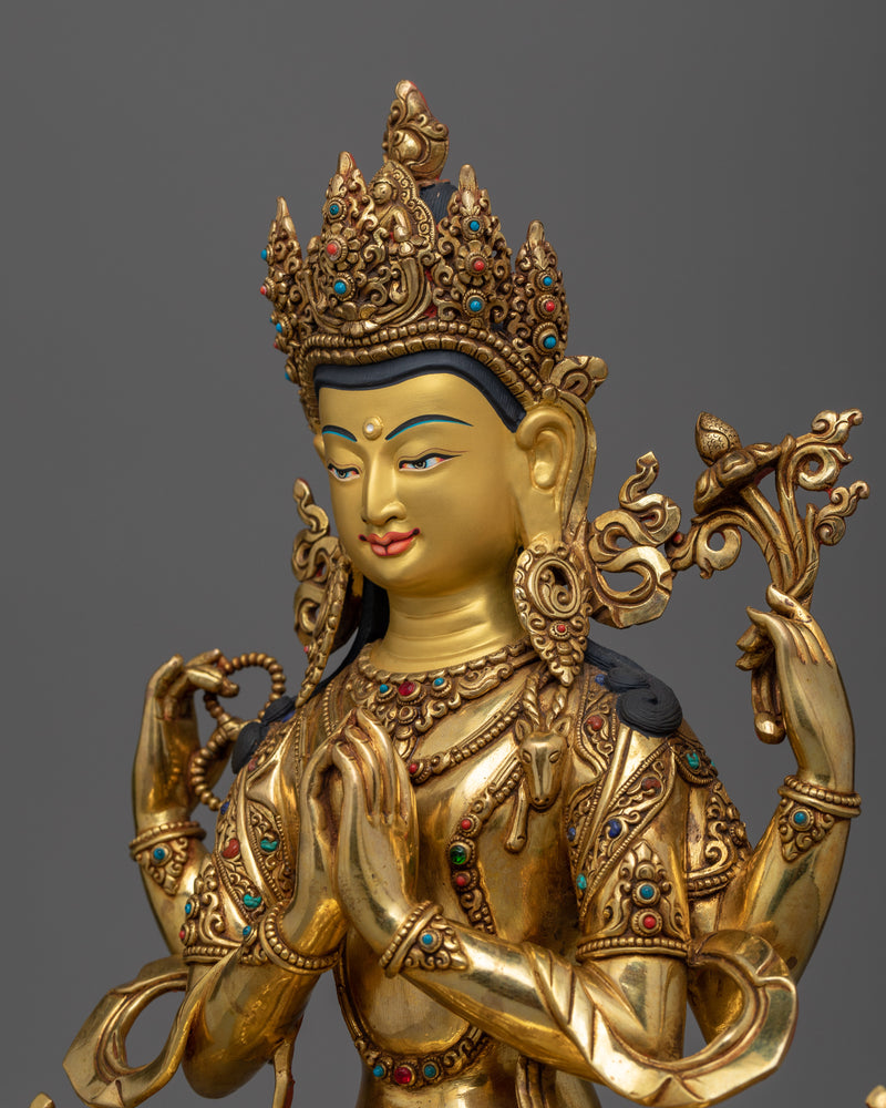 Serene Chenrezig Gold-Gilded Statue | Embodiment of Compassion